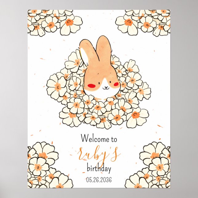 Affiche anniversaire personnalisé lapin fleurs poster (Framsidan)