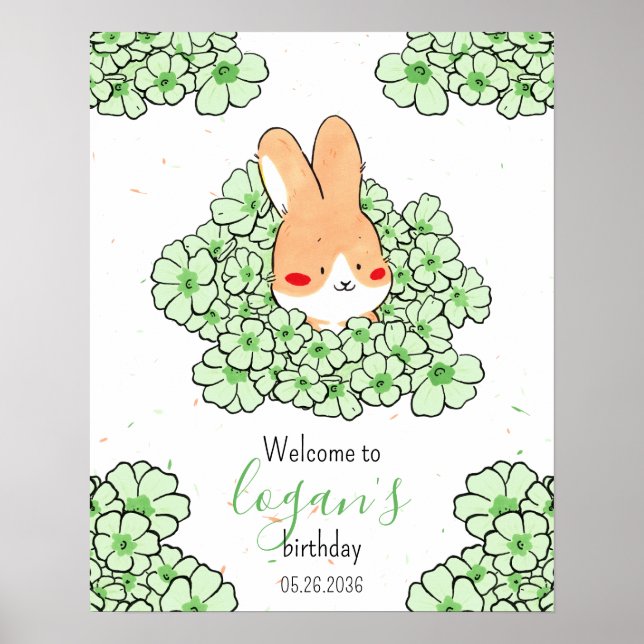 Affiche anniversaire personnalisé lapin fleurs poster (Framsidan)
