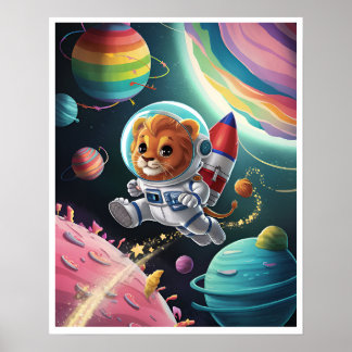 Affiche Boho Illustration Lion dans l'Espace Poster