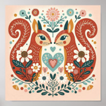 Affiche illustration folk art motif « écureuils »
