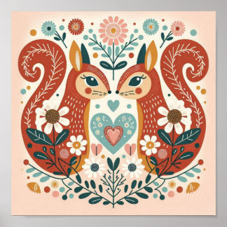 Affiche illustration folk art motif « écureuils » poster