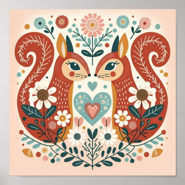 Affiche illustration folk art motif « écureuils » poster (Framsidan)