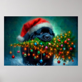 Affisch av Newfie som bär ett julgran