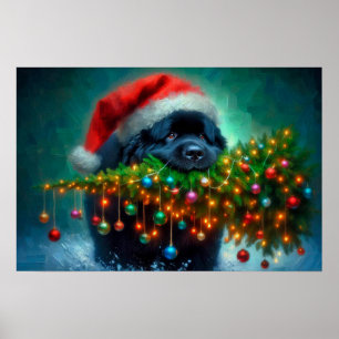 Affisch av Newfie som bär ett julgran
