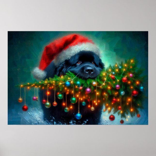 Affisch av Newfie som bär ett julgran (Framsidan)