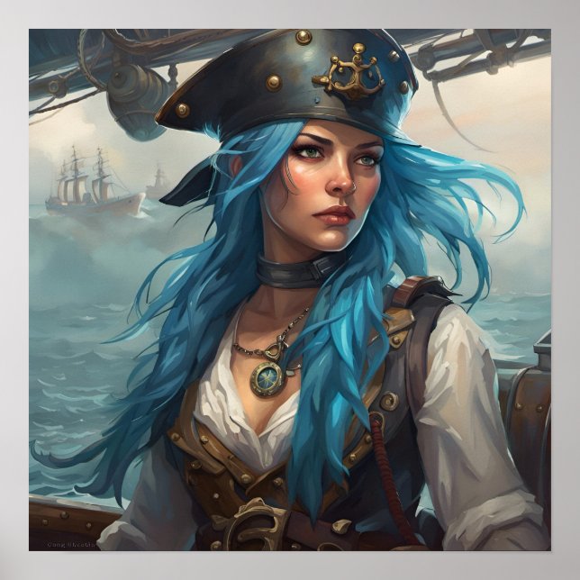 Affisch - Blå nautisk pirat pin-up flicka AI-bild (Framsidan)