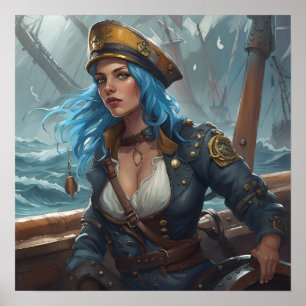 Affisch - Blå nautisk pirat pin-up flicka AI-bild