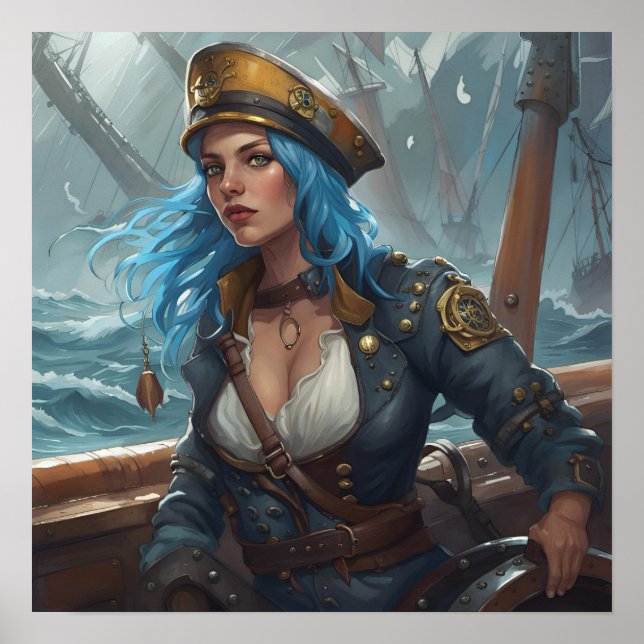 Affisch - Blå nautisk pirat pin-up flicka AI-bild (Framsidan)