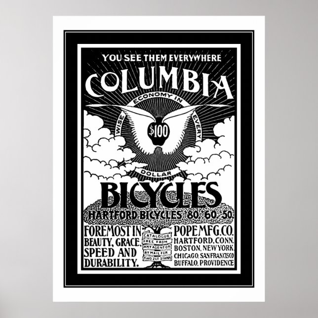 Affisch Columbia Bicycles 1886 Reklam (Framsidan)