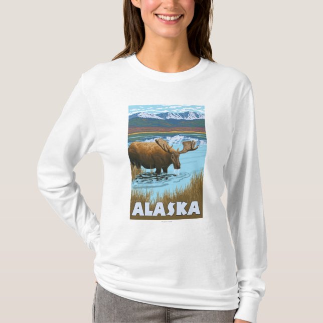 Affisch för älgdricksvattenvintage resor tee shirt (Framsida)
