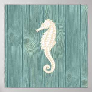 Affisch för Aqua för havshästvintage Wood