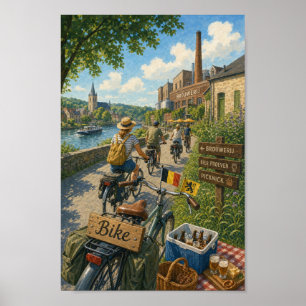 Affisch för cykeltur på belgisk flodstrand