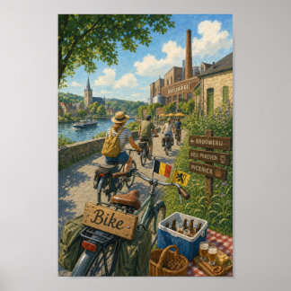 Affisch för cykeltur på belgisk flodstrand
