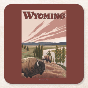 Affisch för Yellowstone River Bisonvintage resor Underlägg Papper Kvadrat