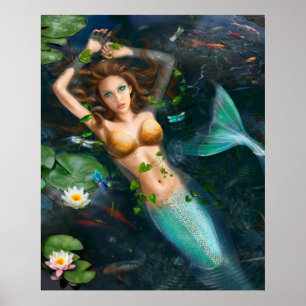 Affisch-Härlig sjöjungfru i sjön med liljar Poster