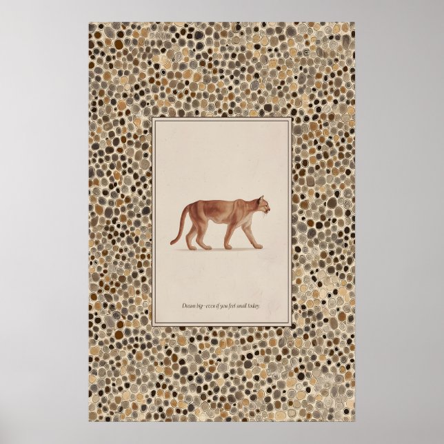 Affisch med illustration av bergslejon som går (Framsidan)