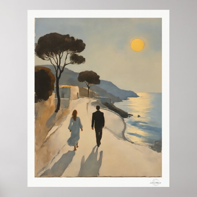 Affisch med par som går vid havet vid solnedgång (Framsidan)