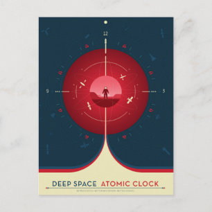 Affisch om Deep Space Atomic Clock, röd version. Vykort