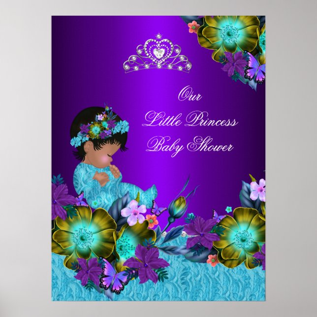 Affisch Prinsessa Baby Shower Teal Blå Lila Tjej (Framsidan)
