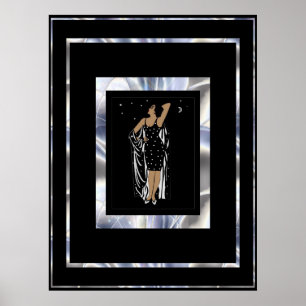 Affisch Vintage Glamor Tjej Svart Silver Ram