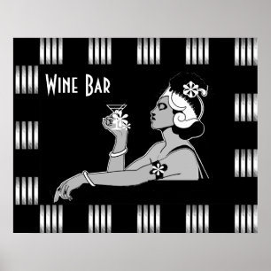 Affisch Vintage Vin Art Deco Randig Svart Vit