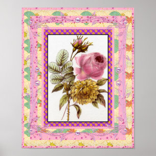 Affisch Vintagekonst Blommor Rosa Med Ram