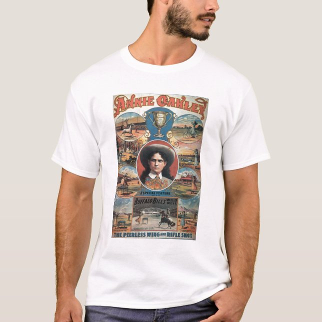 Affischadvertizing Annie Oakley som presenterar i T-shirt (Framsida)