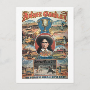 Affischadvertizing Annie Oakley som presenterar i Vykort