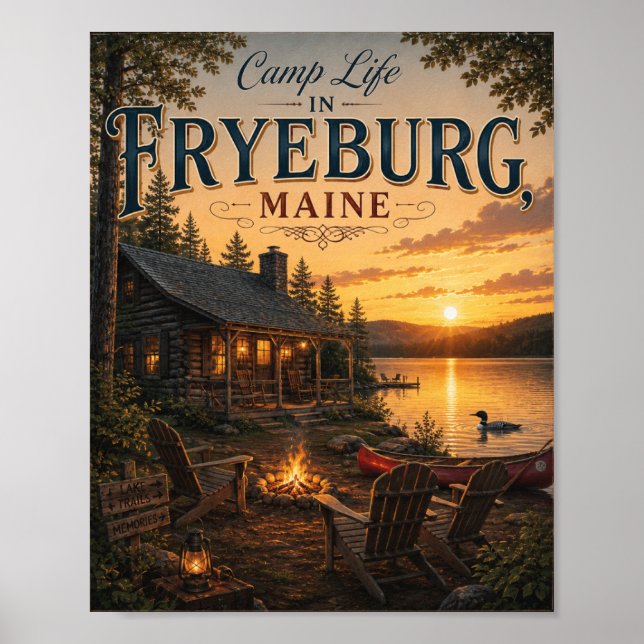 Affischutskrift för lägerliv i Fryeburg Maine Lake Poster (Framsidan)