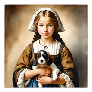 "Affluent Oskuld" "Cornelia Girl with Puppy" Fototryck