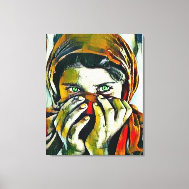 Afghan Girl with Grönt Ögon Oil Porträtt Canvastryck (Framsida)