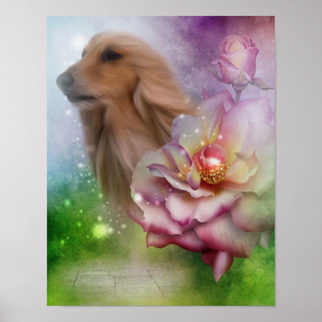 Afghan Hound Ansikte Fantasy Flowers Hund Art Poster (Framsidan)