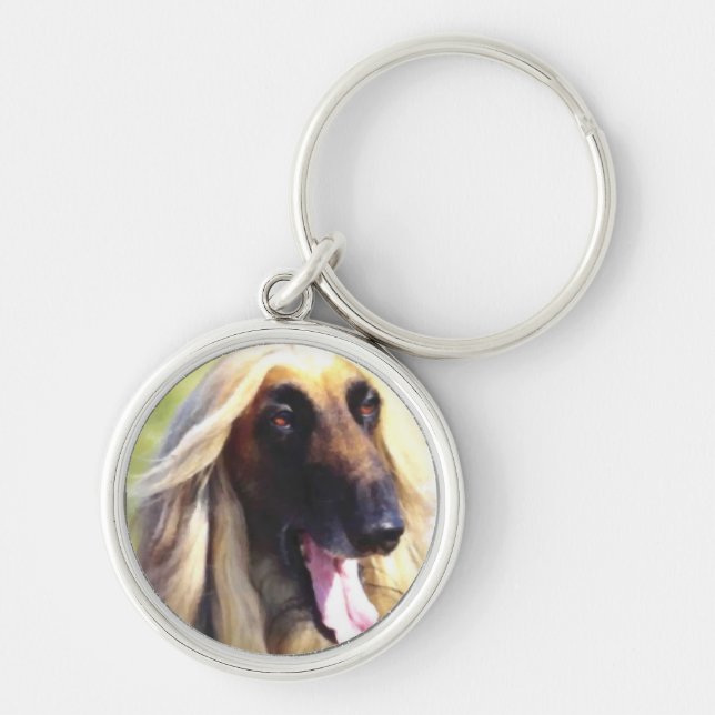 Afghan Hound Art Rund Silverfärgad Nyckelring (Framsidan)