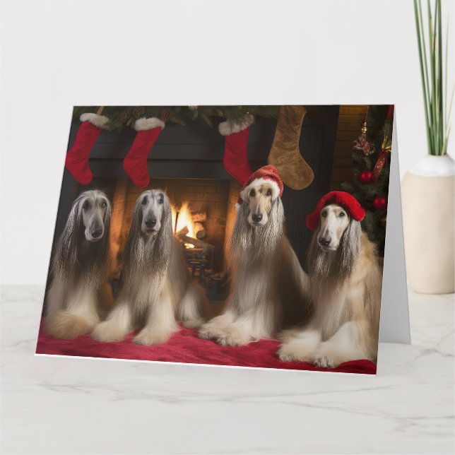 Afghan Hound by the Fireplace jul Kort (Framsida)