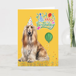 Afghan Hound Dog in a Party Hat on Yellow Birthday Kort