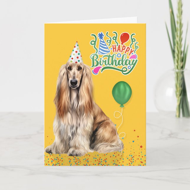 Afghan Hound Dog in a Party Hat on Yellow Birthday Kort (Framsida)