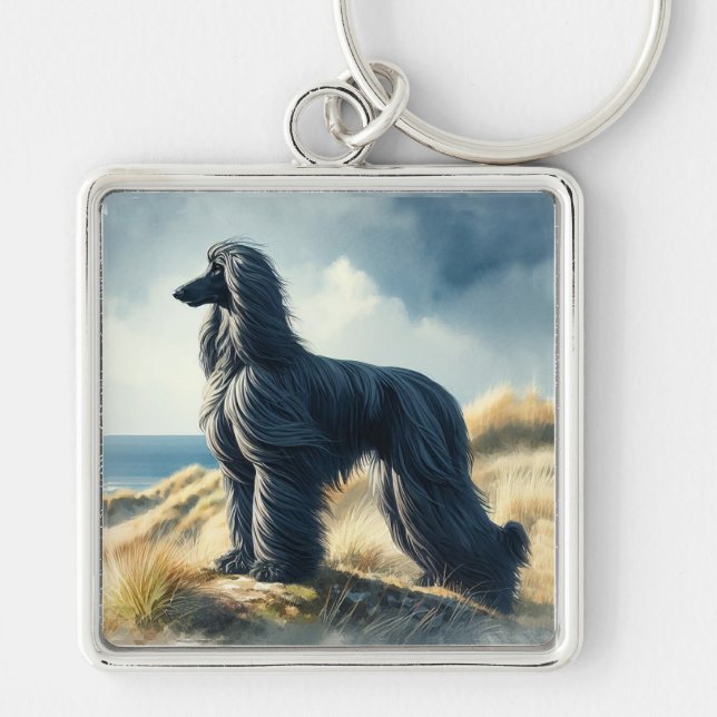 Afghan Hound Fyrkantig Silverfärgad Nyckelring (Framsidan)