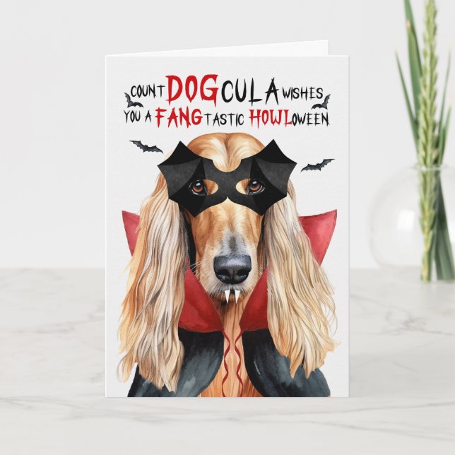 Afghan Hound Hund Funny Count DOGcula Halloween Helgkort (Framsida)