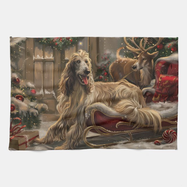 Afghan Hound Hund jul Festive Kökshandduk (Horisontell)