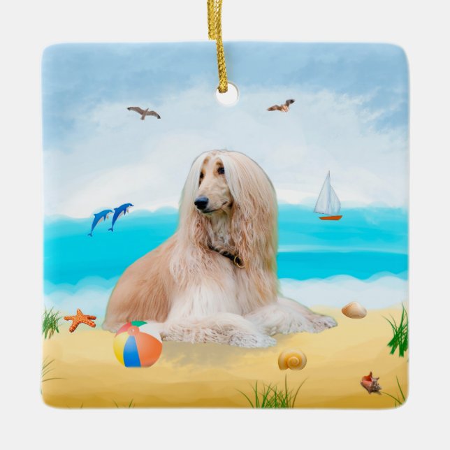 Afghan Hound Hund on Beach Julgransprydnad Keramik (Framsida)