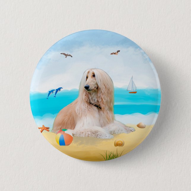 Afghan Hound Hund on Beach Knapp (Framsida)