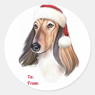 Afghan Hound Red Santa Juletiketters Runt Klistermärke