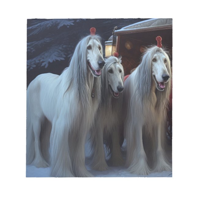 Afghan Hound Snowy Sleigh Ride Juldekan Anteckningsblock (Framsida)