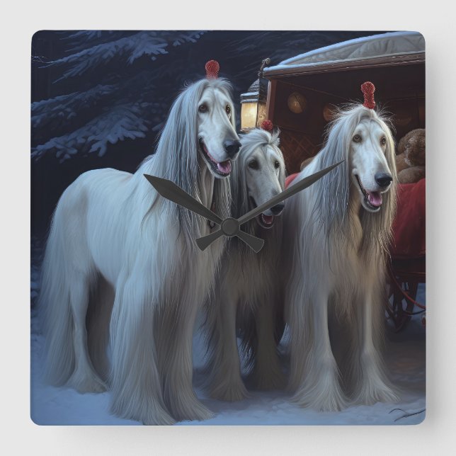 Afghan Hound Snowy Sleigh Ride Juldekan Fyrkantig Klocka (Framsida)