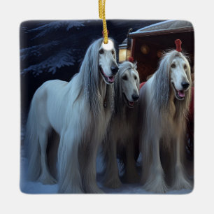 Afghan Hound Snowy Sleigh Ride Juldekan Julgransprydnad Keramik