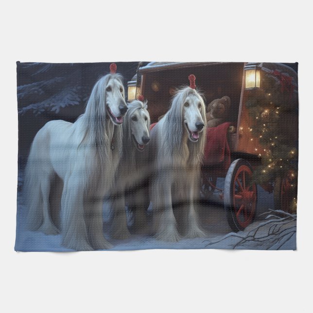 Afghan Hound Snowy Sleigh Ride Juldekan Kökshandduk (Horisontell)