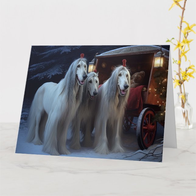 Afghan Hound Snowy Sleigh Ride Juldekan Kort (Gul blomma)