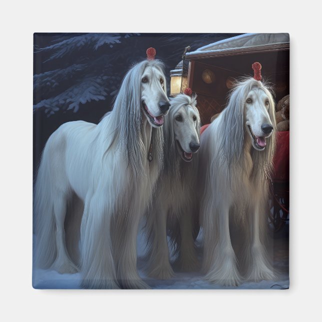 Afghan Hound Snowy Sleigh Ride Juldekan Magnet (Framsidan)
