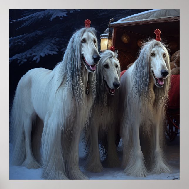 Afghan Hound Snowy Sleigh Ride Juldekan Poster (Framsidan)