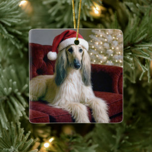 Afghan Hound Wearing a Jultomten Hat Julgransprydnad Keramik